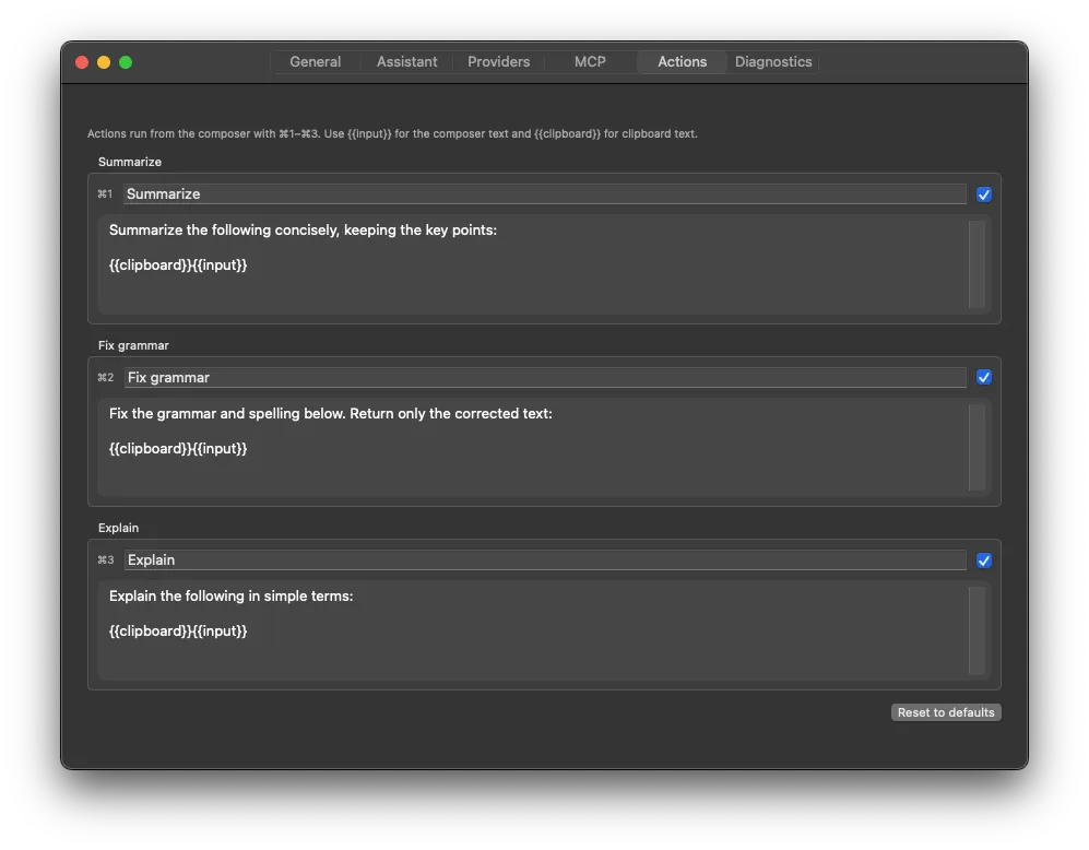 Karamba settings showing three customizable quick actions: Summarize, Fix grammar, and Explain