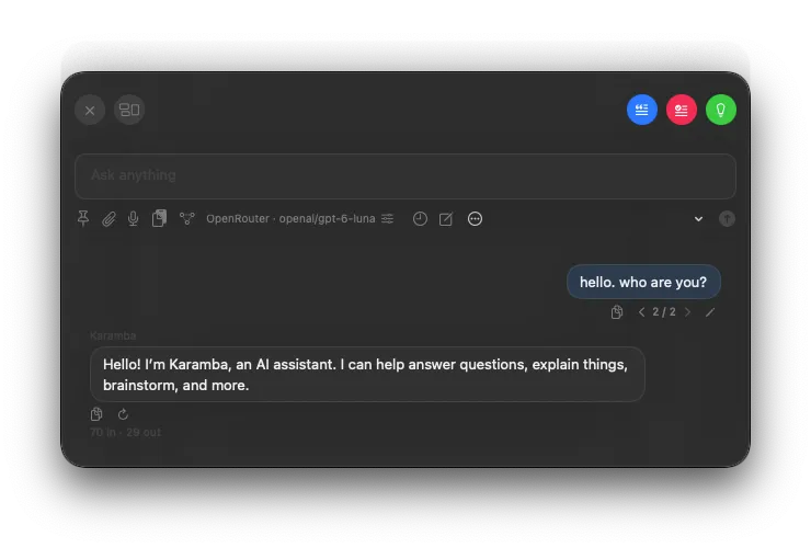 Karamba’s Focus layout, with a compact prompt at the top and the conversation below