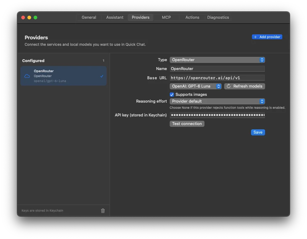 Karamba’s provider settings, showing an OpenRouter connection and an API key stored in macOS Keychain